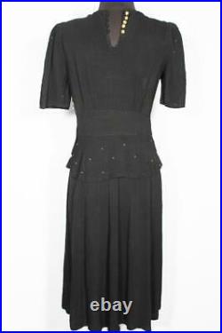 Very Rare Vintage French 1940's Wwii Era Black Brass Studded Rayon Dress Size 6+