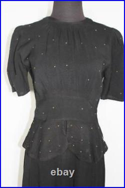 Very Rare Vintage French 1940's Wwii Era Black Brass Studded Rayon Dress Size 6+