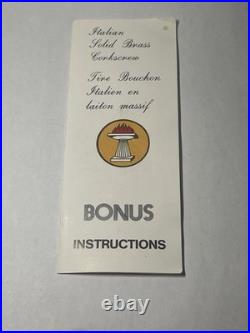 Very Rare Vintage Italian Solid Brass Corkscrew With Padauk Wood Highlights