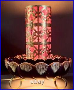 Very Rare Vintage MCM 1950s brown drip glaze pottery Brass tv lamp planter