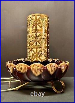 Very Rare Vintage MCM 1950s brown drip glaze pottery Brass tv lamp planter