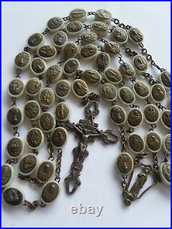 Very Rare Vintage pictorial brass Rosary Civelli Ivorine Beads 1917 Catholic