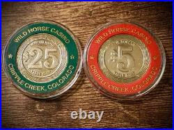 Very Rare Wild Horse Casino $25 & $5 Brass Inlay Chips, Cripple Creek, CO
