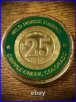 Very Rare Wild Horse Casino $25 & $5 Brass Inlay Chips, Cripple Creek, CO