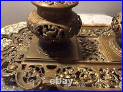 Very Rare and Unique Inkwell Antique 18c. Double Inkwell Desktop Set Cast Brass