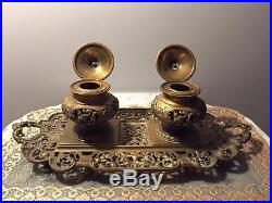 Very Rare and Unique inkwell Antique 19c. Double Inkwell Desktop Set Cast Brass