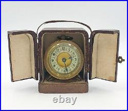 Very rare French mid Victorian travel brass drum clock in beautiful leather case