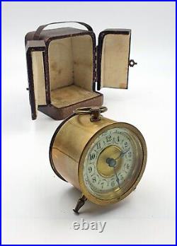 Very rare French mid Victorian travel brass drum clock in beautiful leather case
