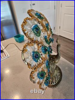 Very rare and desirable antique Czech Crystal and Bronze Peacock Table Lamp