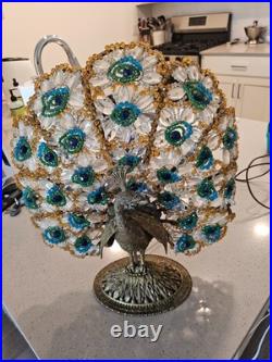 Very rare and desirable antique Czech Crystal and Bronze Peacock Table Lamp