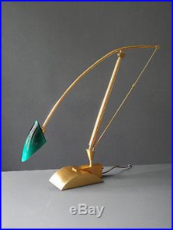 Very rare huge 80s adjustable brass halogen table lamp with green glass shade