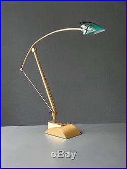 Very rare huge 80s adjustable brass halogen table lamp with green glass shade