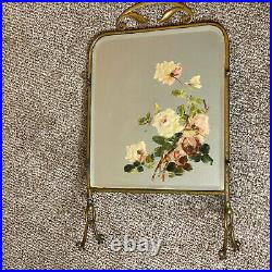 Victorian Brass And Roses Painted Mirror Fire Screen Very Rare 19th Century GUC