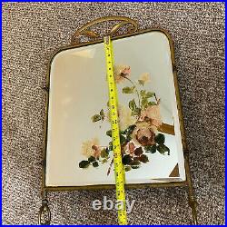 Victorian Brass And Roses Painted Mirror Fire Screen Very Rare 19th Century GUC
