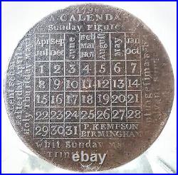 Vintage 1798 Brass Calendar Coin, P. Kempson, Birmingham, Very Nice & Very Rare