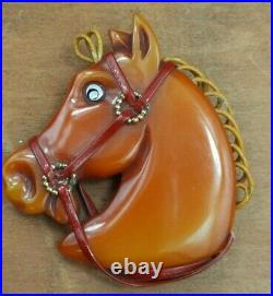 Vintage Bakelite Butterscotch Carved Horse Head Brooch Loop Mane Very Rare