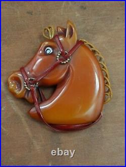 Vintage Bakelite Butterscotch Carved Horse Head Brooch Loop Mane Very Rare