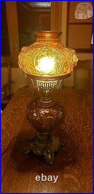 Vintage Brass & Amber Glass Cherub Faces Electric Lamp with Shades, very rare