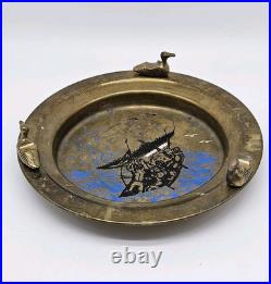 Vintage Brass Ashtray Solid Duck Figures Boat Scene Very Rare
