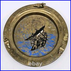 Vintage Brass Ashtray Solid Duck Figures Boat Scene Very Rare