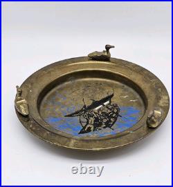 Vintage Brass Ashtray Solid Duck Figures Boat Scene Very Rare
