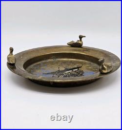 Vintage Brass Ashtray Solid Duck Figures Boat Scene Very Rare