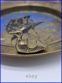 Vintage Brass Ashtray Solid Duck Figures Boat Scene Very Rare