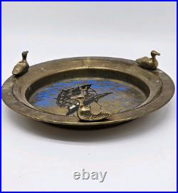 Vintage Brass Ashtray Solid Duck Figures Boat Scene Very Rare