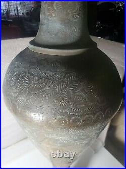 Vintage Hand Crafted Solid Brass Etched Vase Flower Pattern 36 Tall Very Rare