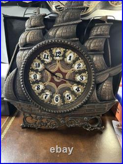 Vintage Heavy Solid Brass Sailboat Desk Mantle Clock. Hand Painted Very RARE