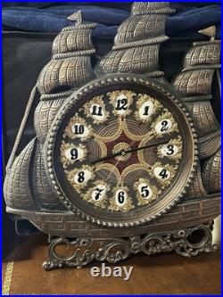 Vintage Heavy Solid Brass Sailboat Desk Mantle Clock. Hand Painted Very RARE