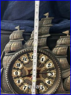 Vintage Heavy Solid Brass Sailboat Desk Mantle Clock. Hand Painted Very RARE