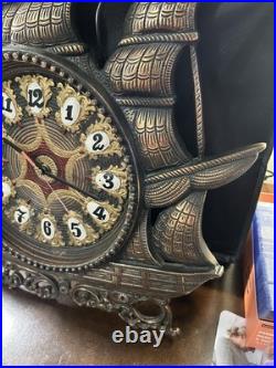 Vintage Heavy Solid Brass Sailboat Desk Mantle Clock. Hand Painted Very RARE