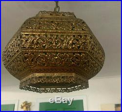 Vintage Hexagon Brass Filigree Pendant Light Fixture chandelier Very RARE