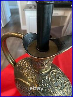 Vintage Huge & Very Rare Solid Brass Filigree Jug/Pot Lamp 34 to Top of Shade