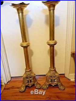 Vintage Large Brass Candlesticks Huge Very Rare From Church Collectible Antique
