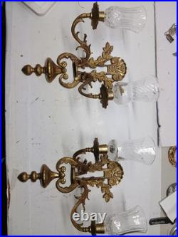 Vintage Pair Brass Wall Sconce Candle Holders 2 Arm With Glass Very Rare