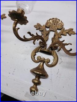 Vintage Pair Brass Wall Sconce Candle Holders 2 Arm With Glass Very Rare