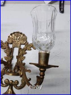 Vintage Pair Brass Wall Sconce Candle Holders 2 Arm With Glass Very Rare