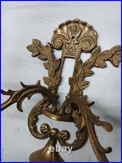 Vintage Pair Brass Wall Sconce Candle Holders 2 Arm With Glass Very Rare