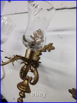 Vintage Pair Brass Wall Sconce Candle Holders 2 Arm With Glass Very Rare