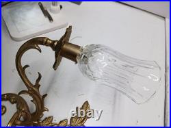 Vintage Pair Brass Wall Sconce Candle Holders 2 Arm With Glass Very Rare