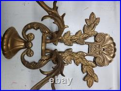 Vintage Pair Brass Wall Sconce Candle Holders 2 Arm With Glass Very Rare