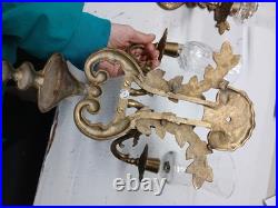 Vintage Pair Brass Wall Sconce Candle Holders 2 Arm With Glass Very Rare