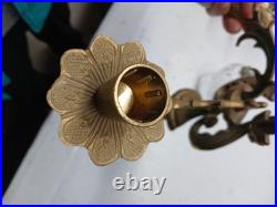 Vintage Pair Brass Wall Sconce Candle Holders 2 Arm With Glass Very Rare