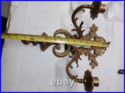 Vintage Pair Brass Wall Sconce Candle Holders 2 Arm With Glass Very Rare