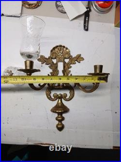 Vintage Pair Brass Wall Sconce Candle Holders 2 Arm With Glass Very Rare