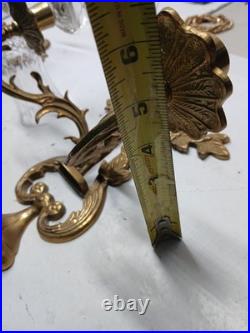 Vintage Pair Brass Wall Sconce Candle Holders 2 Arm With Glass Very Rare