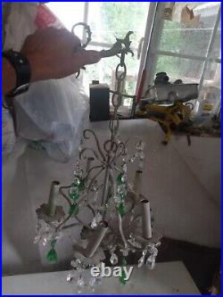 Vintage Very Rare Ornate 5 Arm Wall Mount Green & Clear Crystal Brass Chandelier