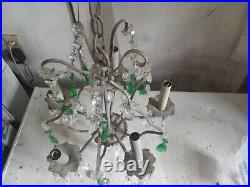 Vintage Very Rare Ornate 5 Arm Wall Mount Green & Clear Crystal Brass Chandelier